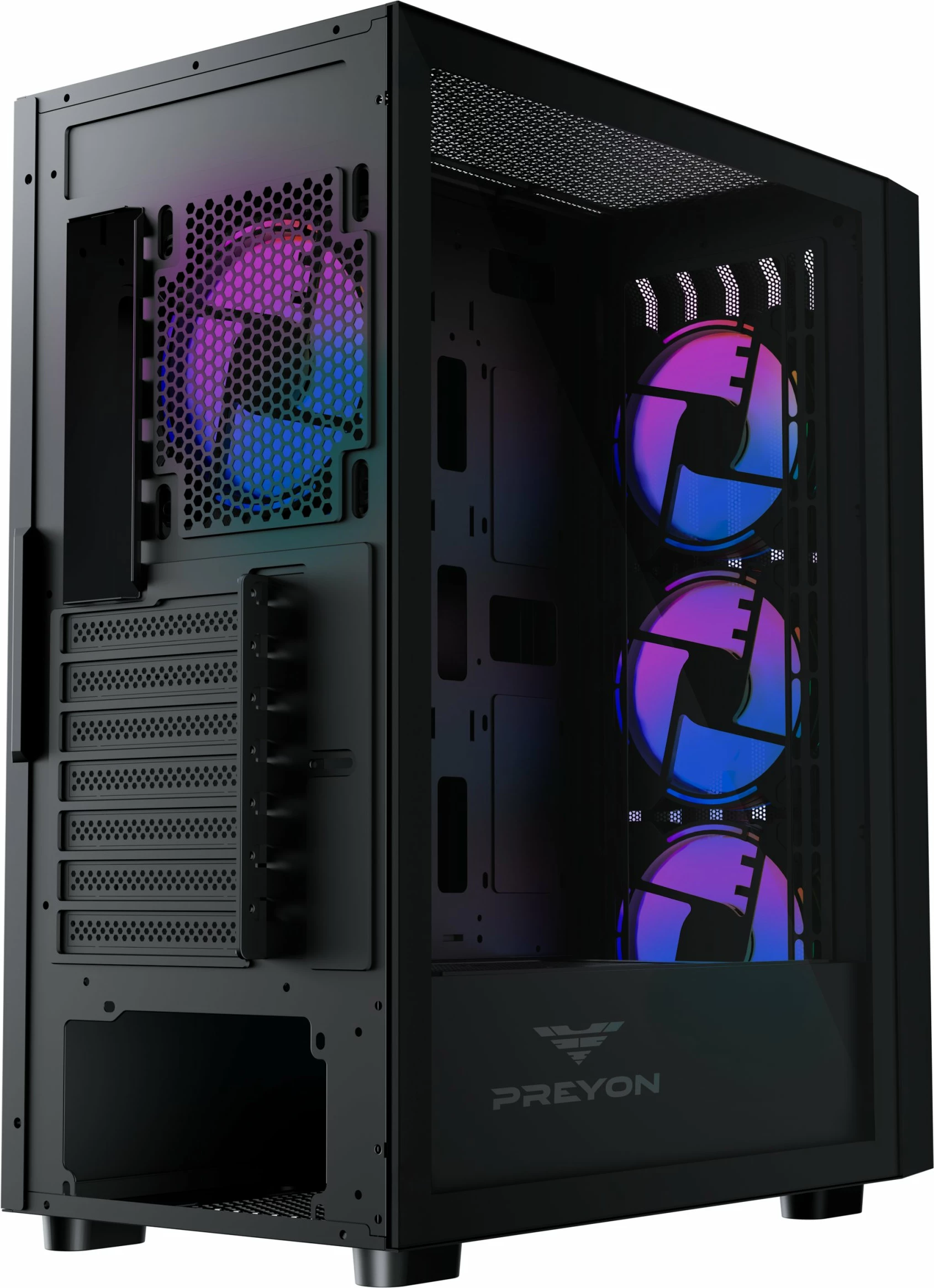 Kasë PREYON Nest Quarry ARGB PNQ04B Midi Tower, E-ATX/ATX/mATX/Mini-ITX, USB-C, 4x120mm PWM ARGB fanë, e zezë