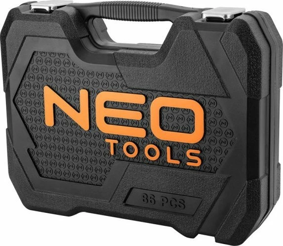 Set veglash NEO 10-060, 86 copë, 1/2" & 1/4" ratchet, kasetë plastike, zi/portokalli