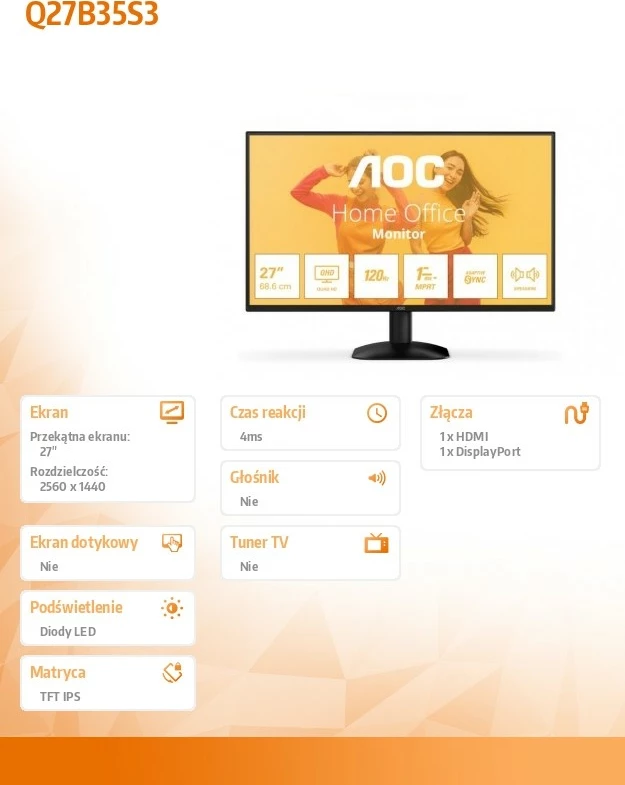 Monitor AOC Q27B35S3, 27", IPS, 120Hz, QHD, i zi