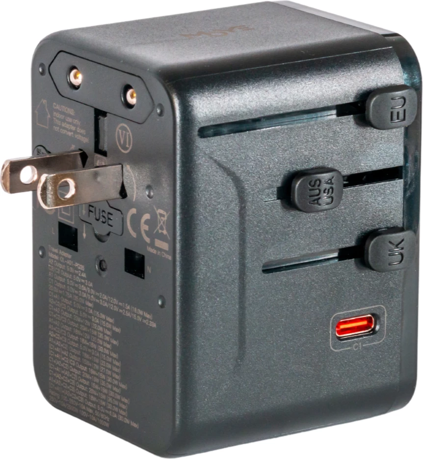 Adapter universal udhëtimi Moye Nomad Go GaN 35W PD, 3x USB-C + 2x USB-A, EU/UK/US/AU, i zi