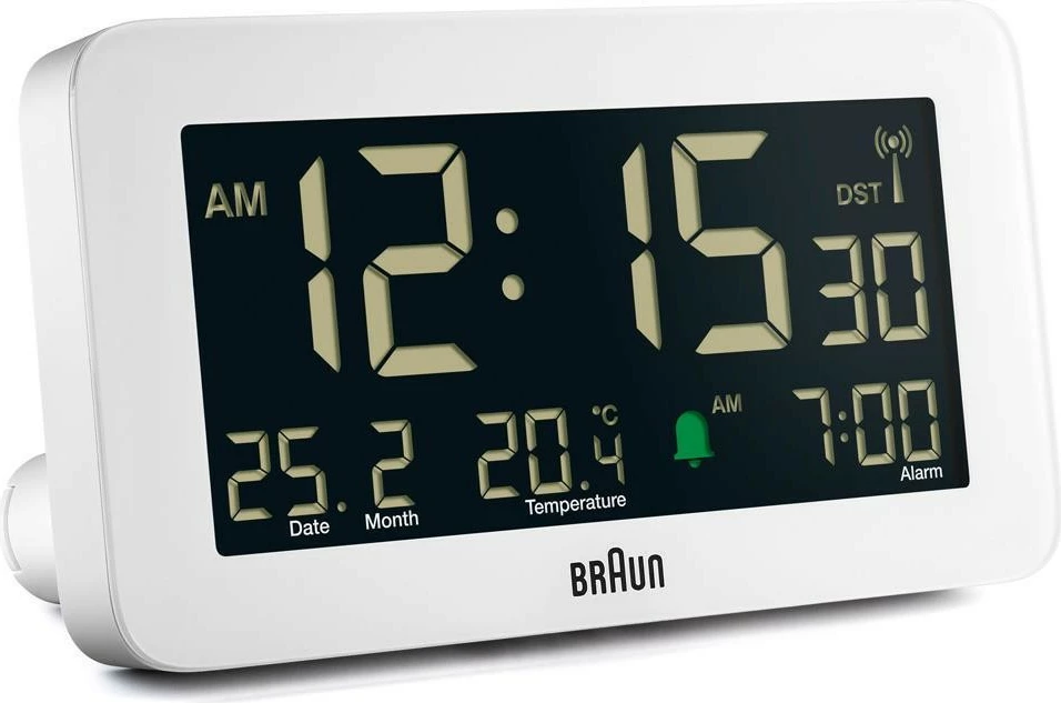 Alarm digjital Braun BC10, ekran LCD, termometër, orar 12/24h, bardhë