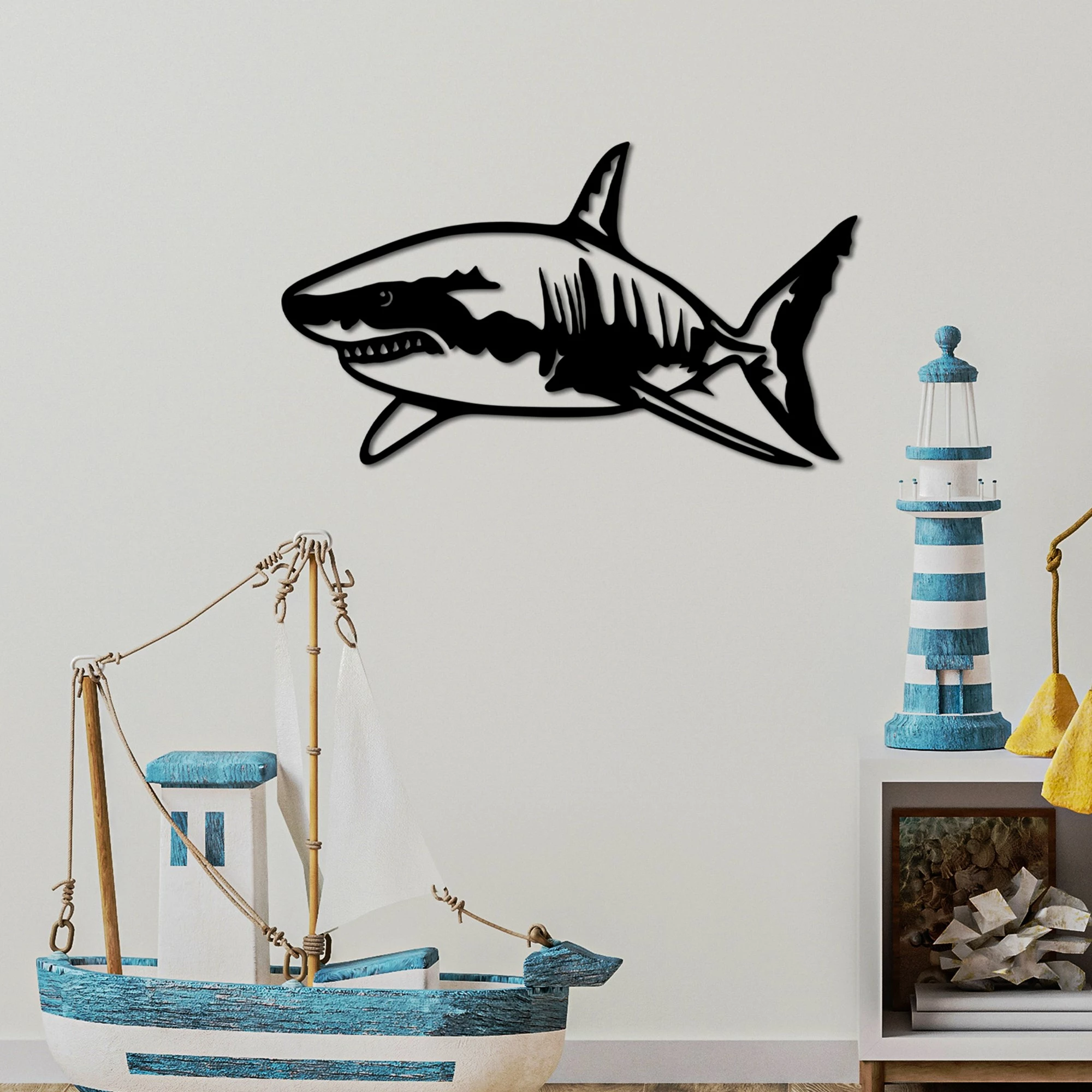 Aksesor dekorativ metalik për mur, peshkaqen, Wallity, i zi, 50x28cm