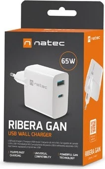Karikues Natec Ribera GaN 65W me USB-A dhe USB-C, i bardhë