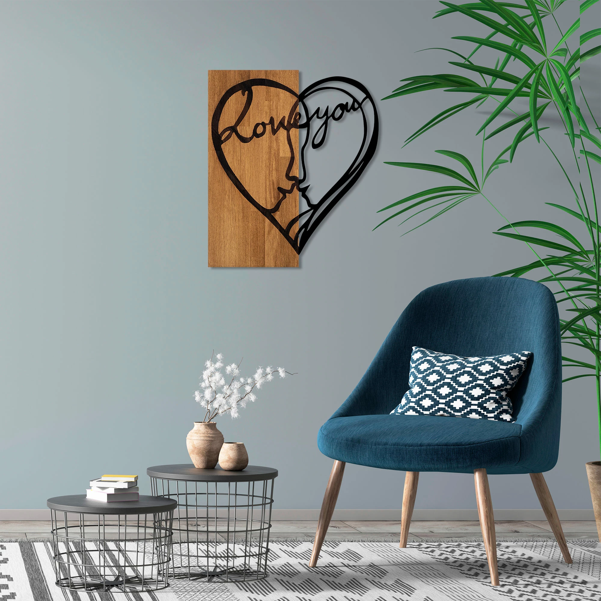Aksesor dekorativ për mur, dru dhe metal, Wallity, I Love You, ngjyrë arre dhe e zezë, 54x58cm