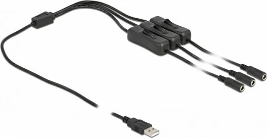 Kabllo furnizimi USB-A DeLOCK në 3x DC 5.5x2.1mm me switch, 1m, e zezë