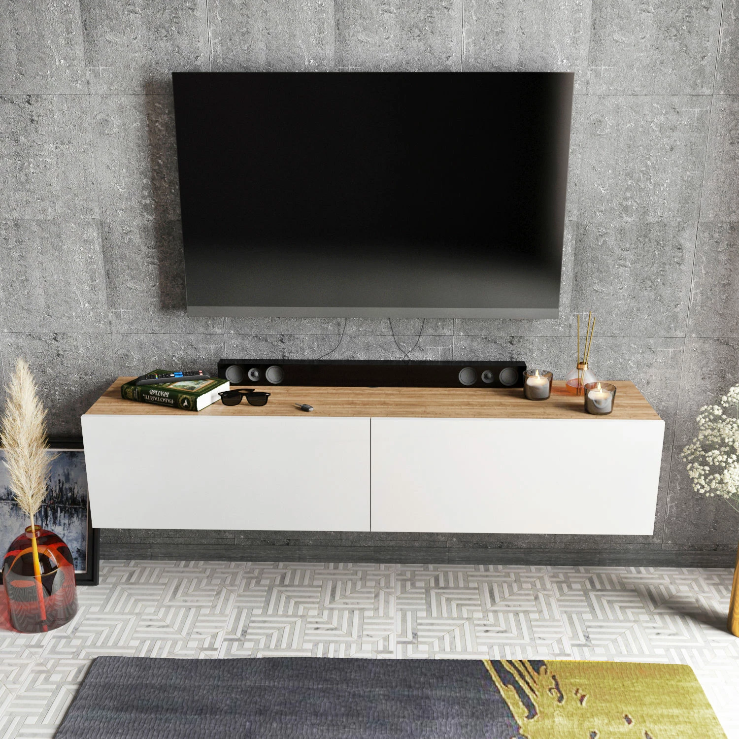 Komodë TV Hanah Home, ngjyrë e bardhë dhe arre, Poling