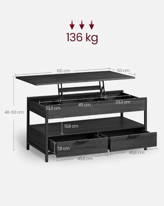 Tavolinë pune VASAGLE LCT209B22 me panel të ngritshëm, 2 sirtarë, 100×50 cm, e zezë/gri antracit