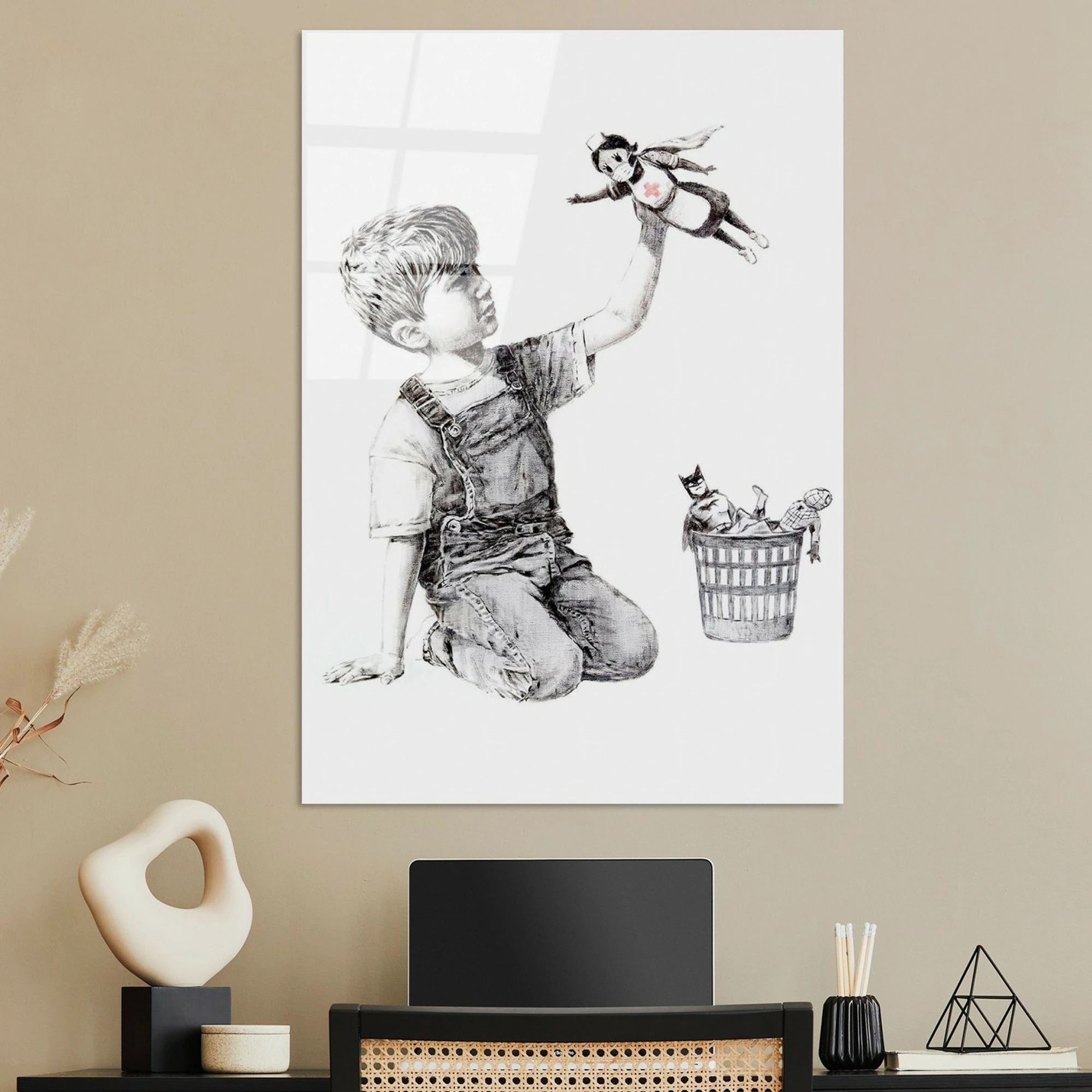 Pikturë dekorative prej xhami të temperuar, Banksy, shumëngjyrëshe, 45x65cm