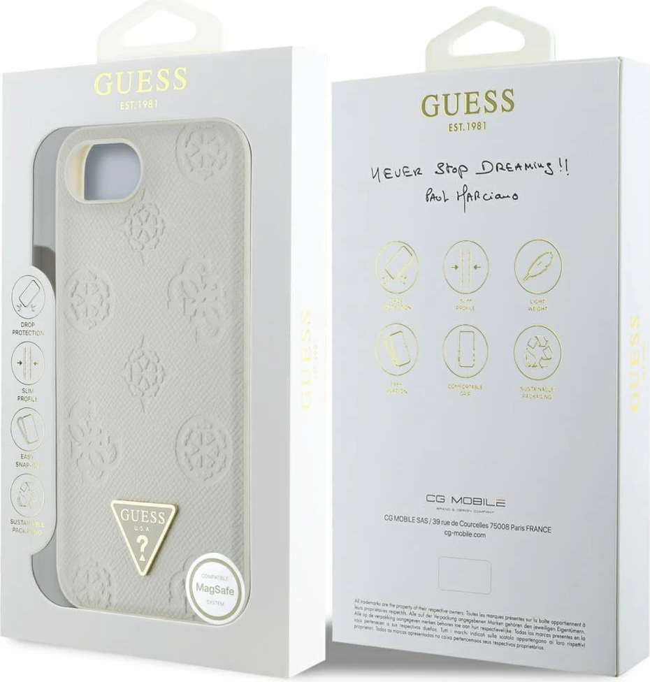 Mbështjellës Guess Grained Hot Stamp Peony Triangle Logo MagSafe për iPhone 16e, Bezhe