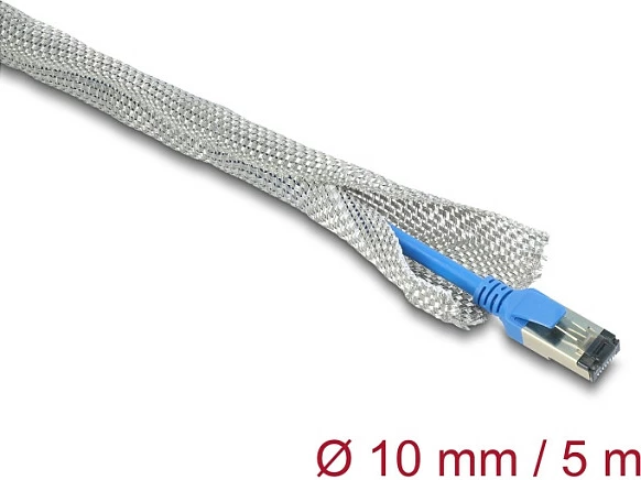 Mëngë gërshetore DeLOCK për ekranim EMV, vetë-mbyllëse, 5 m x 10 mm, argjendtë