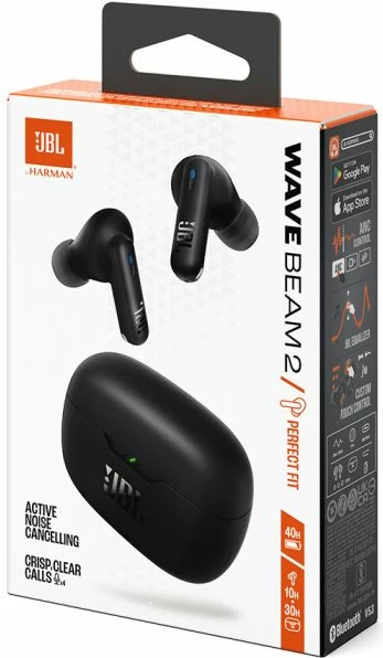 Kufje JBL Wave Beam 2 True Wireless me mikrofon, ANC, Bluetooth 5.3, IP54, të zeza, me kuti karikimi