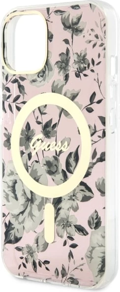 Mbështjellës Guess Flower MagSafe për iPhone 14, Rozë