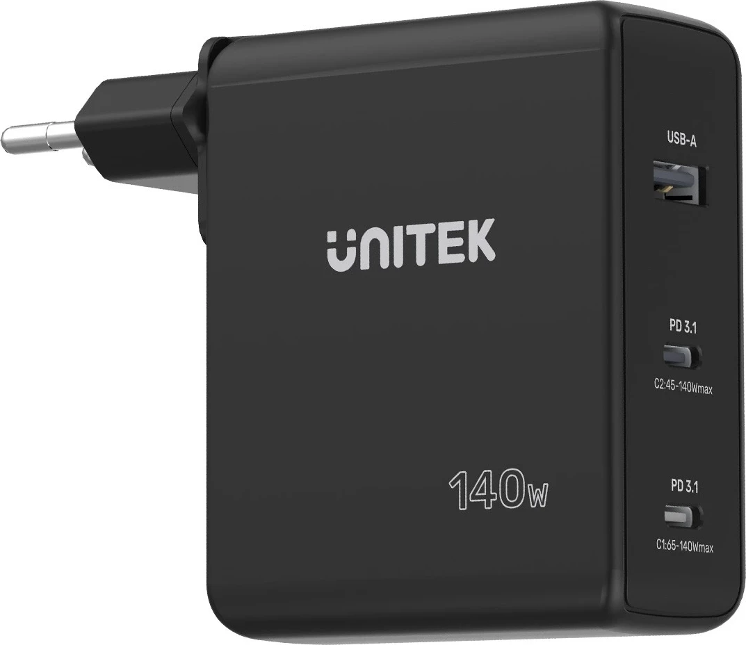 Karikues Unitek GaN me 3 porta, 140W, ngjyrë e zezë