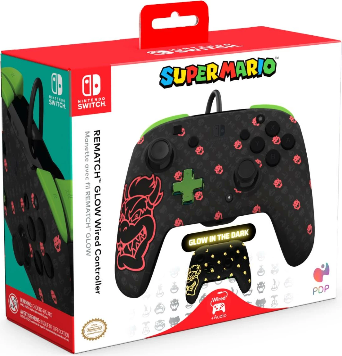 Kontroller me kabllo PDP REMATCH Bowser Glow in the Dark për Nintendo Switch, e zezë/jeshile