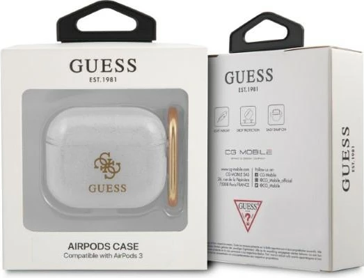 Mbështjellës Guess GUA3UCG4GT për AirPods 3, Transparent Glitter