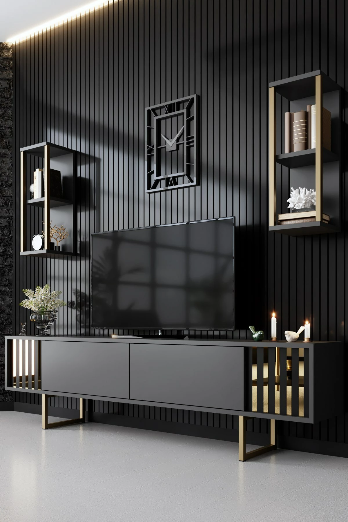 Set mobiljesh për dhomë dite, Skye Decor, linjë ari, anthracite, ari