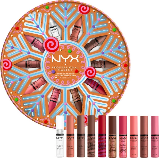 Set lip gloss NYX Professional MakeUp Holiday Butter Gloss Vault për femra, shumëngjyrëshe, 10 copë