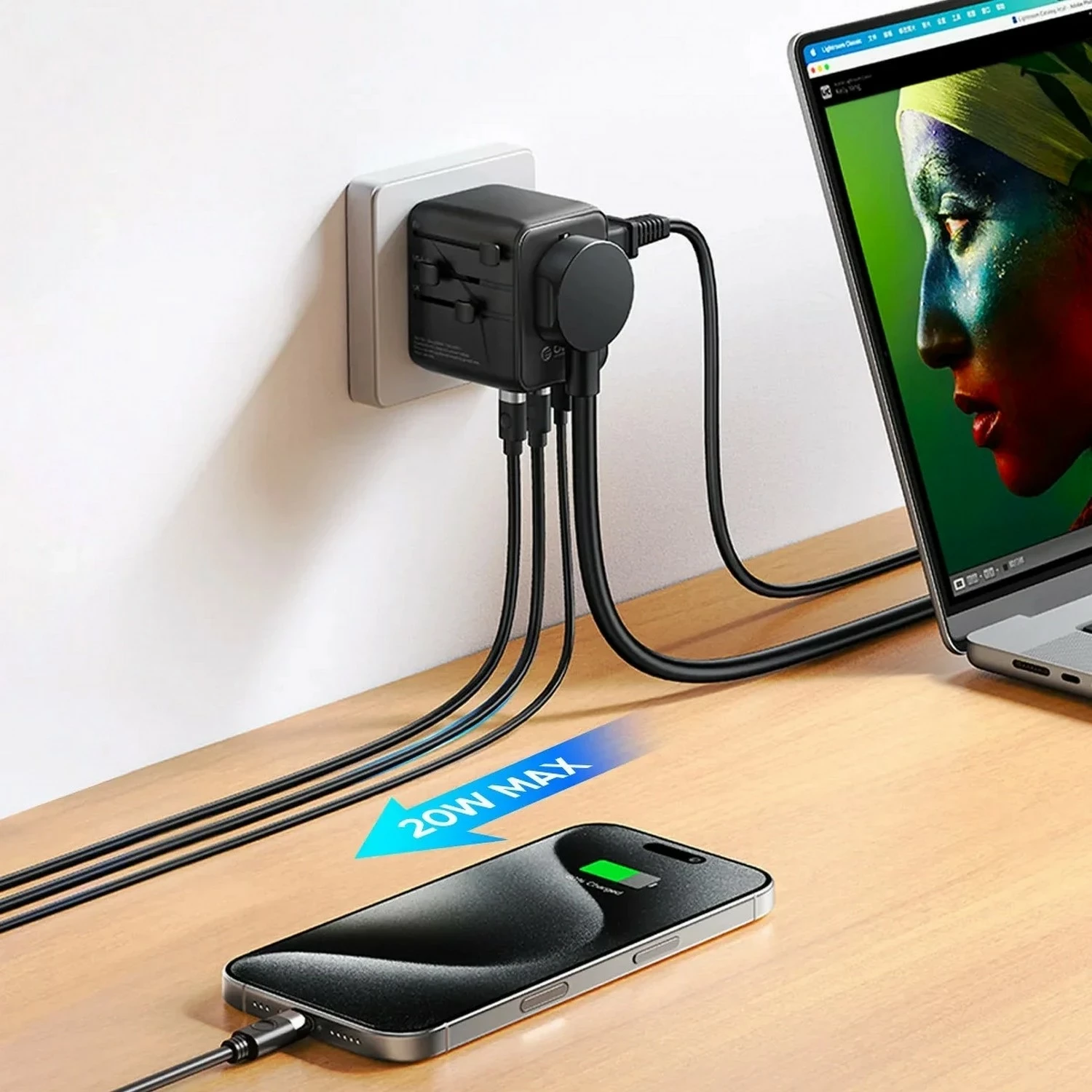 Karikues udhëtimi Orico GaN III, adapter universal UK/EU/US/AU, 2x USB-C 20W PD, USB-A, i zi