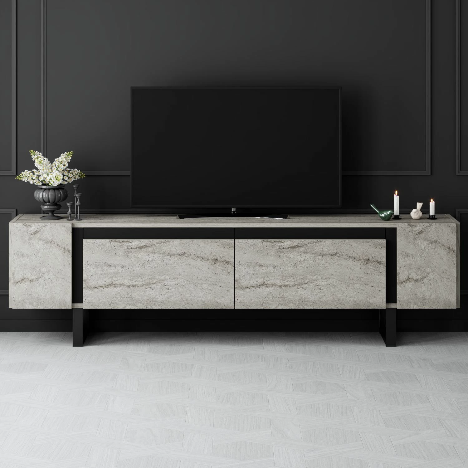 Komodë TV Hanah Home, Yildiz, travertin, e zezë
