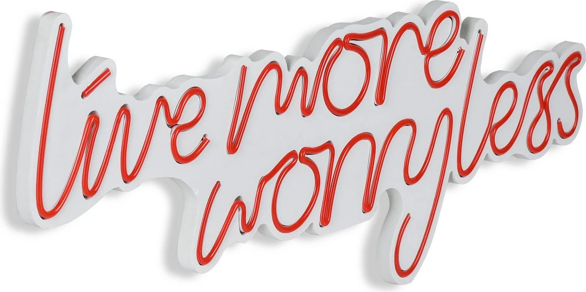 Dekor dritash LED plastike, 'Live More Worry Less', ngjyrë e kuqe