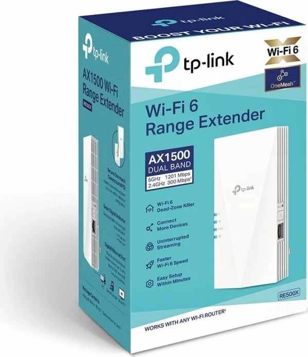 Përsëritës Wi‑Fi TP-LINK RE500X AX1500 WiFi 6, Gigabit, OneMesh, dual-band, bardhë