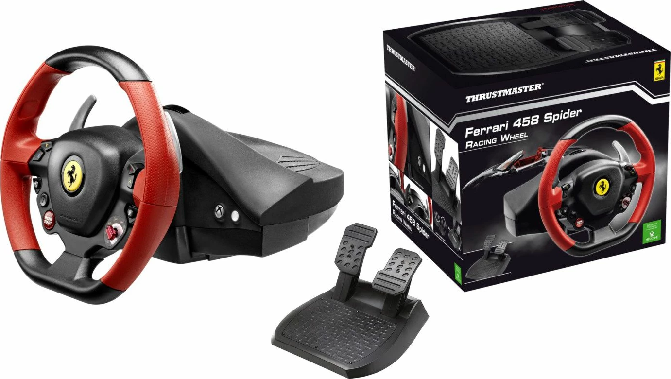 Timoni gaming Thrustmaster F458 Spider 4460105, për Xbox One/Xbox Series X|S, 28 cm, 240°, me pedale, me kabllo 3 m, zi/kuqe, set