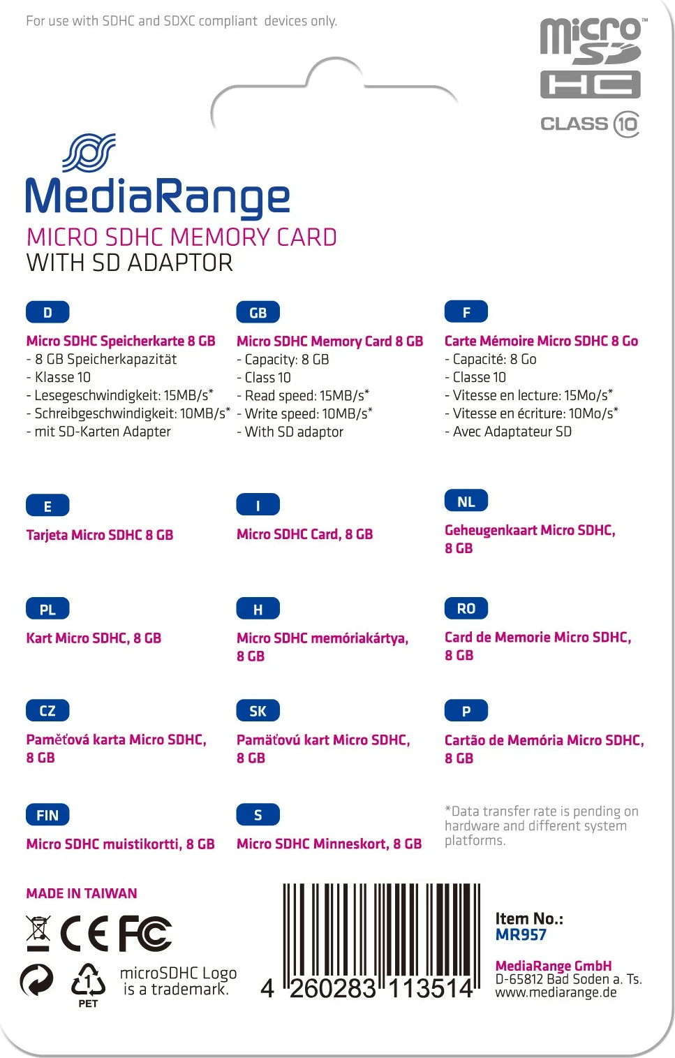 MicroSDHC kartelë MediaRange 8GB, Class 10, me adapter, e zezë