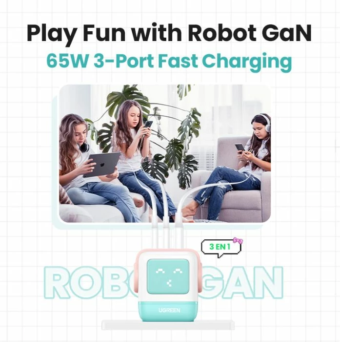 Karikues muri UGREEN Nexode Robot GaN 65W, 2x USB-C + 1x USB-A, rozë