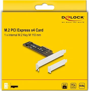 Kartë adapter PCIe x4 DeLOCK për NVMe M.2 Key M (2230-22110), PCIe 4.0, Low Profile, e zezë/metalike