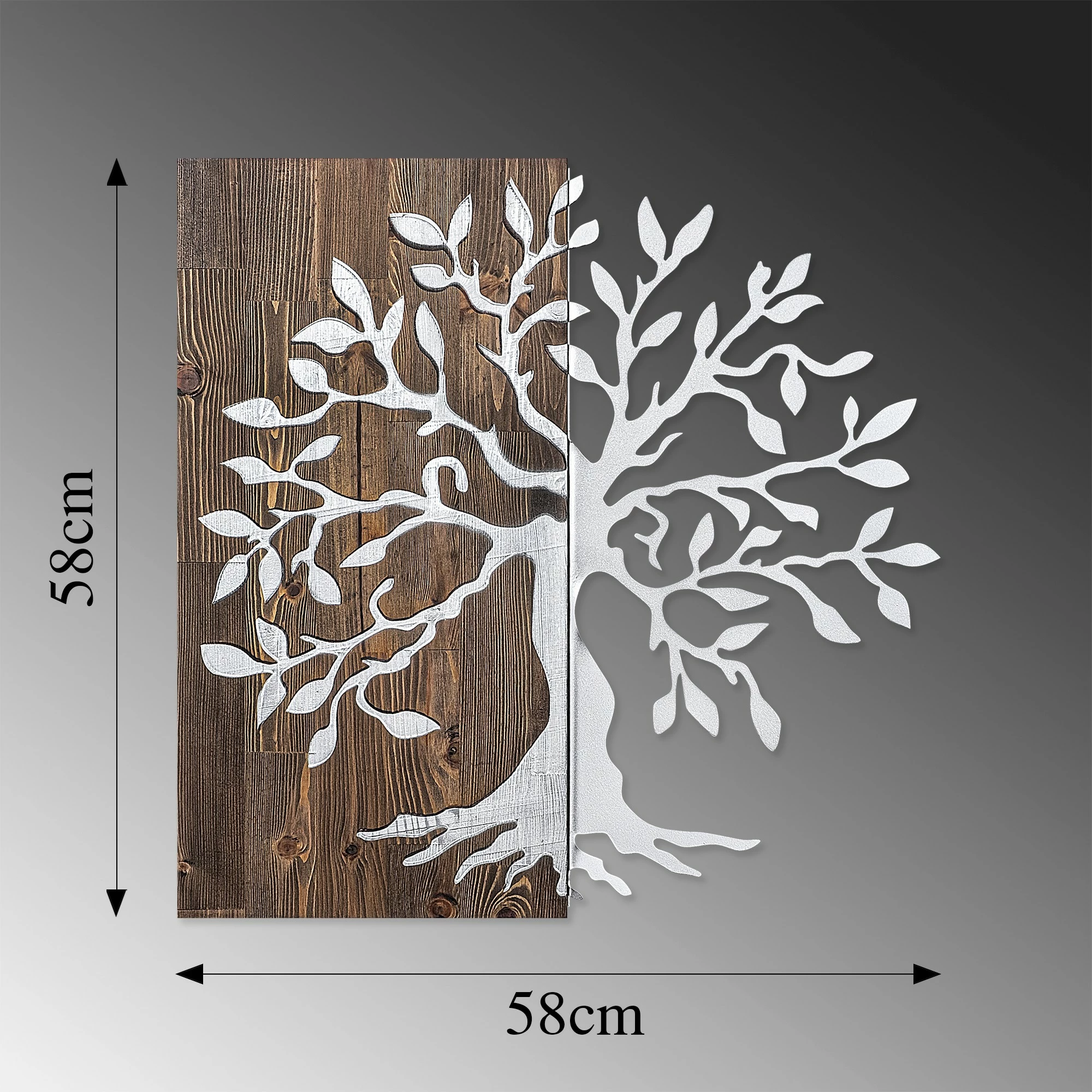 Aksesor dekorativ për mur, dru dhe metal, pemë, ngjyrë arrë dhe argjend, 58x58cm