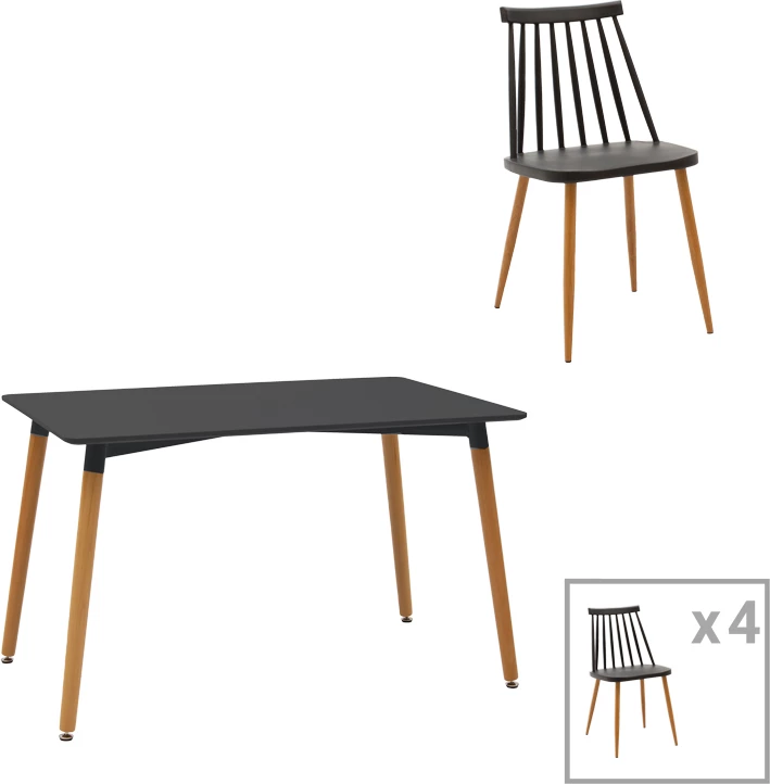 Tavolinë me karrige Aurora-Natali, set 5 pjesësh, MDF-PP, ngjyrë natyrale-e zezë, 120x80x76cm