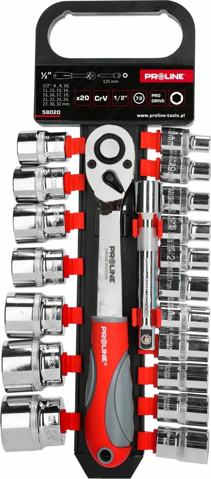 Set soketash me ratchet PROLINE 58020, 1/2\", 8-32mm, 20 copë