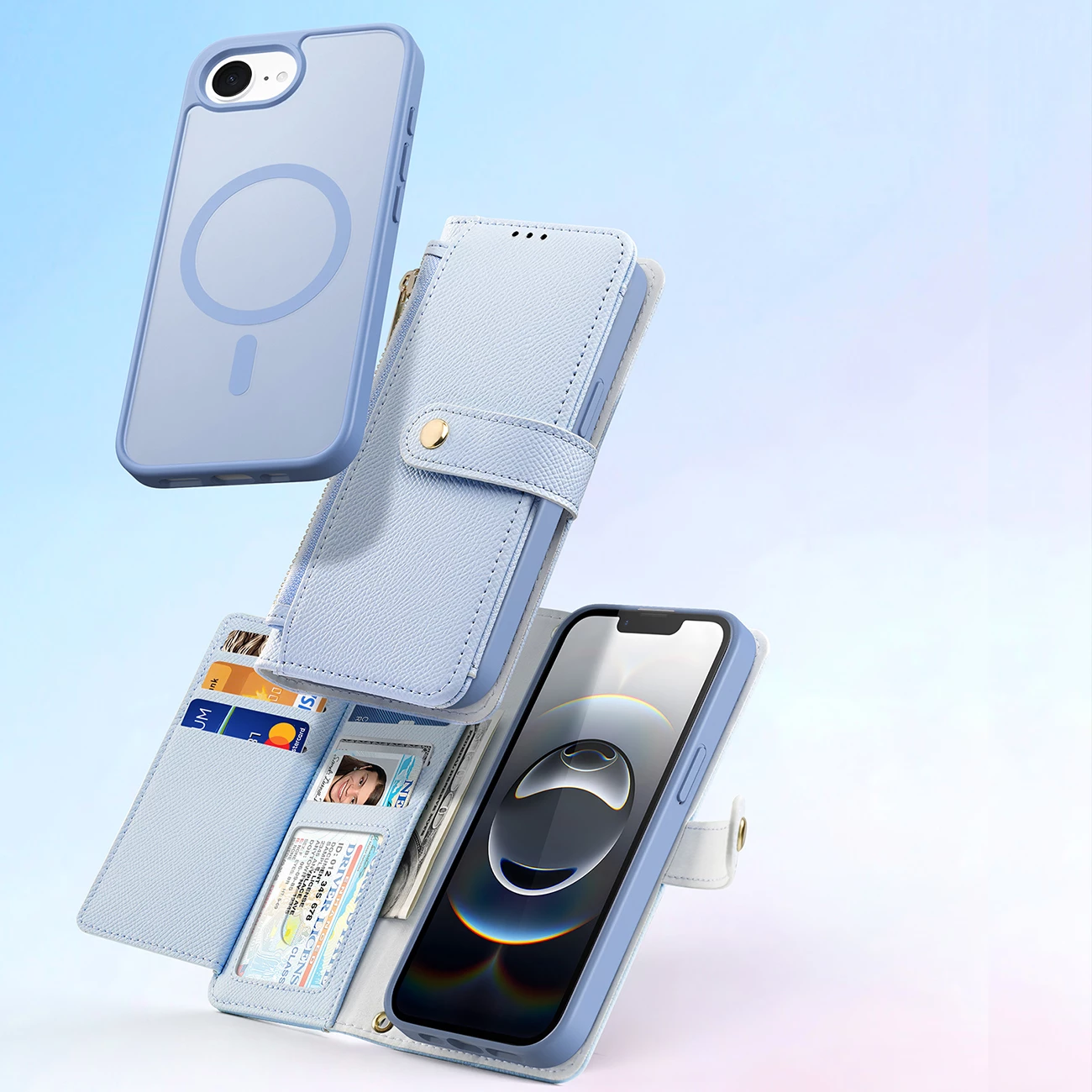 Mbështjellës Dux Ducis Lawa për iPhone 16e, lëkurë, me portofol magnetik, Blu