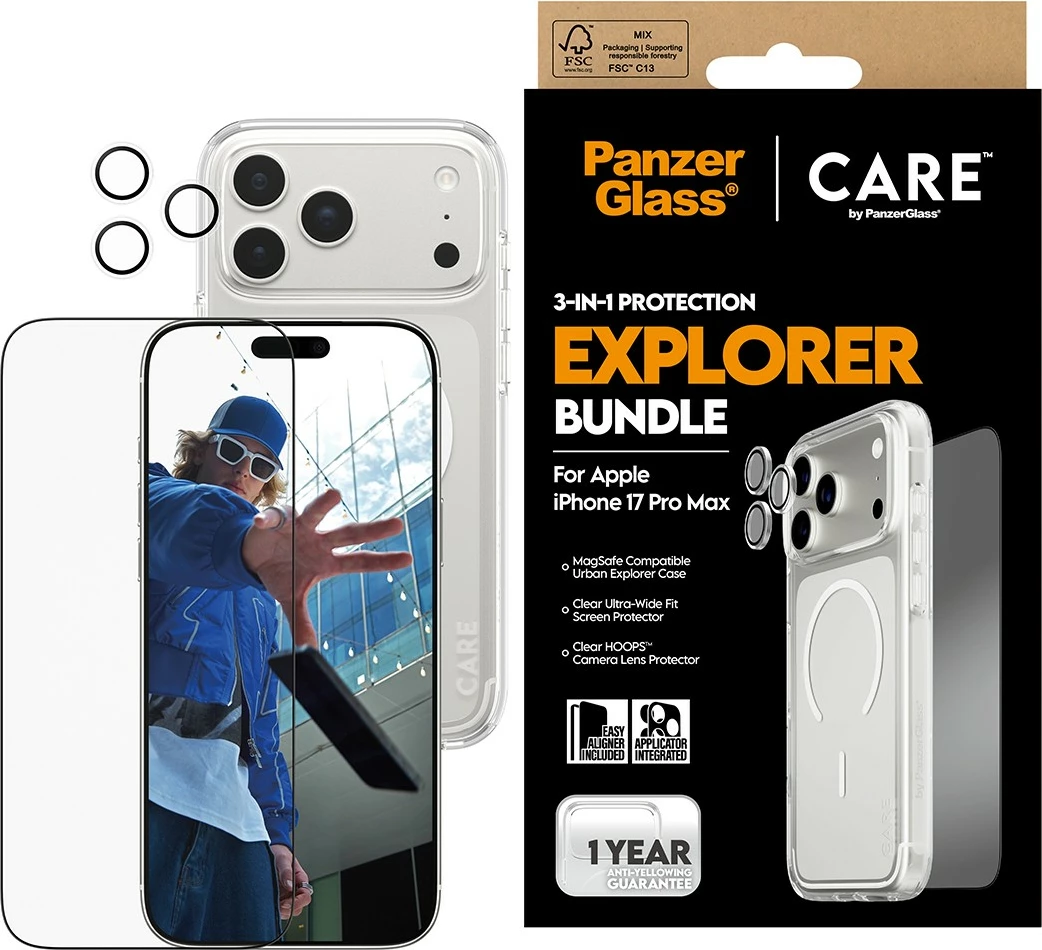 Mbështjellës PanzerGlass CARE 3-in-1 Flagship Explorer Bundle për iPhone 17 Pro Max, transparent