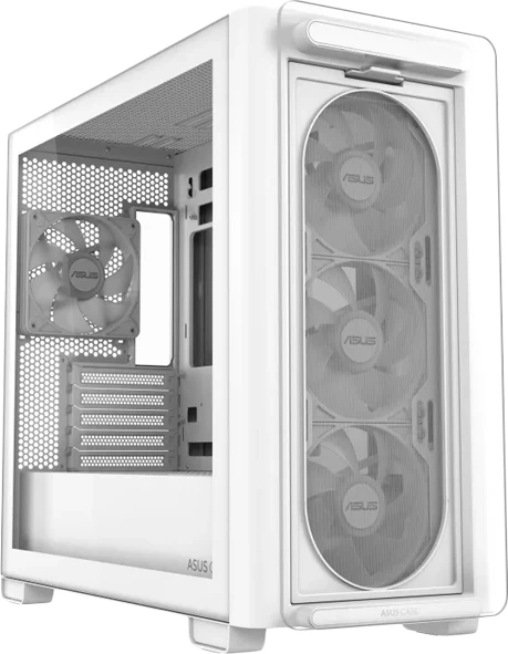 Kasë ASUS A23 PLUS microATX me xham të temperuar, 4 ventilatorë ARGB, mbështet radiator 360 mm dhe GPU 380 mm, e bardhë