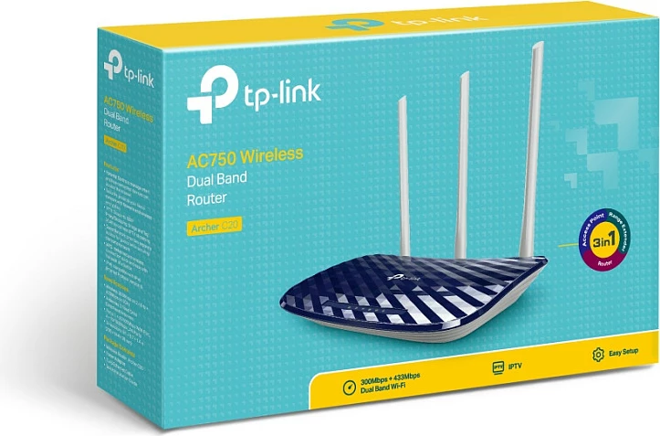 Router TP-Link Archer C20, 2.4/5GHz, 802.11b/g/n/a/ac, 300/433MBit, ngjyrë e kaltër