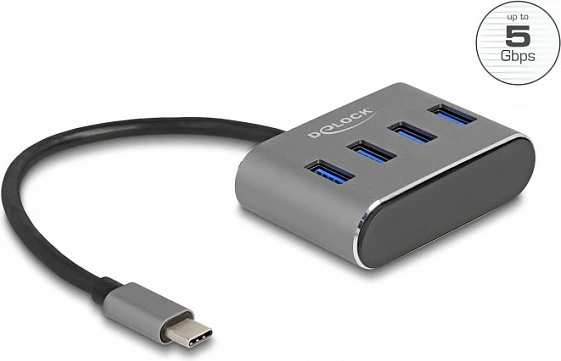 Hub USB DeLOCK 4-Port USB 3.2 Gen 1, USB-C në 4x USB-A, 5Gbps, i zi