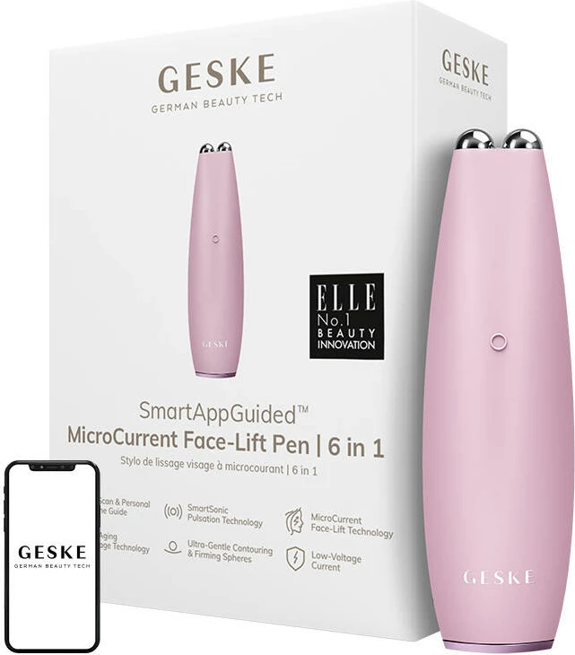 Pajisje për lifting të fytyrës me mikro-rrymë Geske MicroCurrent Face-Lift Pen 6 in 1, me aplikacion, rozë