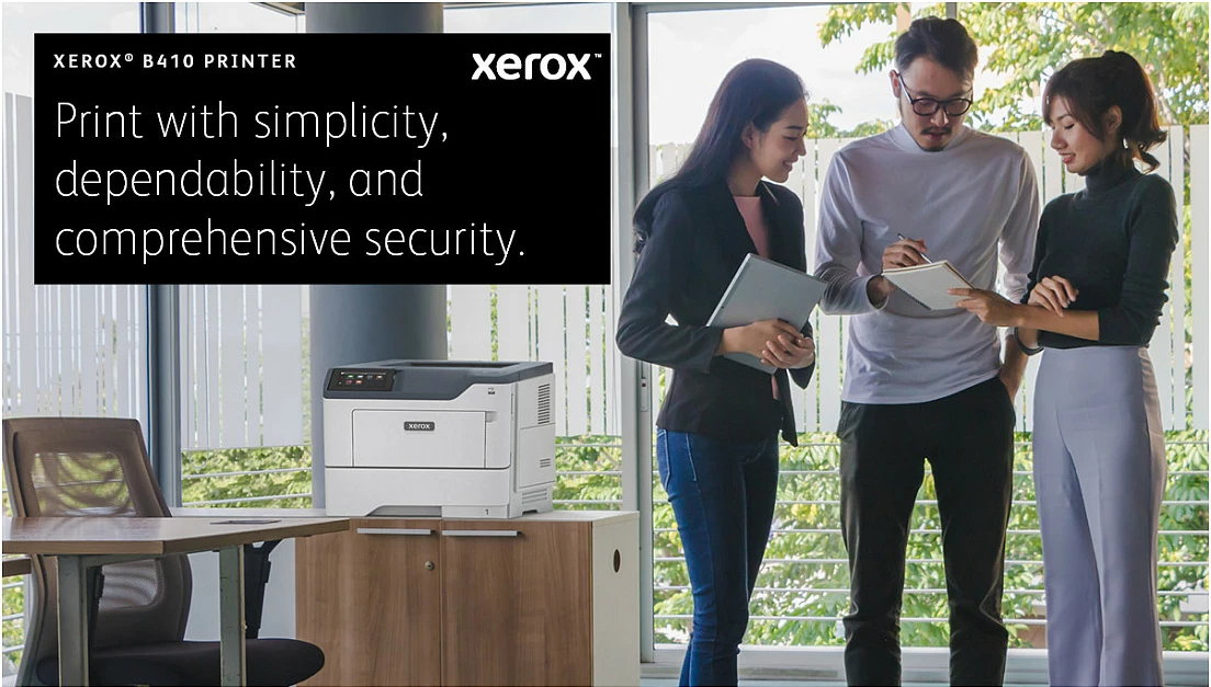 Printer laser Xerox B410, A4, 47ppm, duplex, 2 tabaka 650 fletë, 1200 x 2400 DPI, Ethernet, bardhë/gri