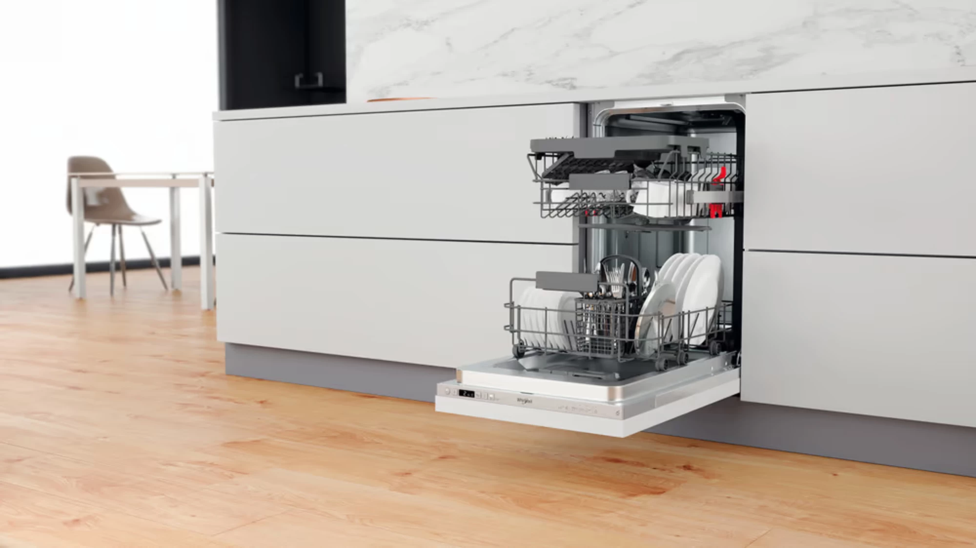 Enëlarëse e integruar plotësisht Whirlpool WSIC 3M27, 45 cm, 10 servise, klasa E, 6th Sense, FlexiSpace, argjendtë 6