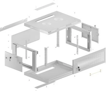 Kabinet rack muri 19", Lanberg WF01-6404-23S, 4U 600x450, derë e perforuar, 4 shina, 2 vende ventilatori, IP20 60 kg, gri, Flat Pack