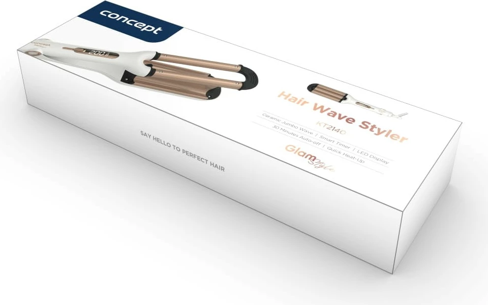 Ondulues flokësh treshe, Concept KT2140, veshje qeramike, 9 nivele temperature, LED, kabllo rrotulluese 1.8 m, me çantë, rozë gold