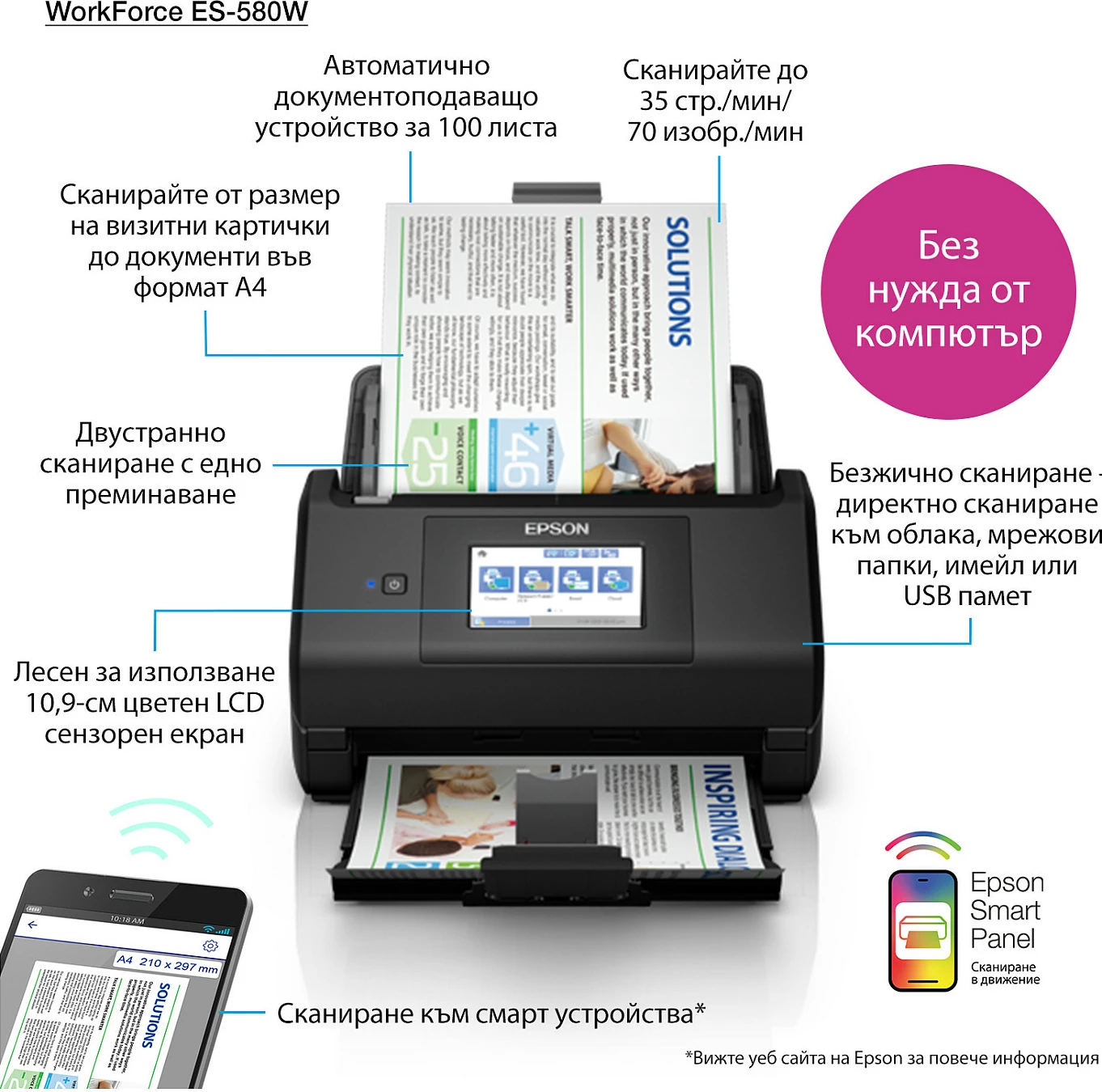 Skaner dokumentesh Epson WorkForce ES-580W, A4, duplex, Wi-Fi, ADF 200 fletë, 35 ppm, i zi