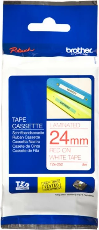 Kasetë shiriti etiketimi Brother TZe-252 24mm e laminuar, tekst i kuq në të bardhë