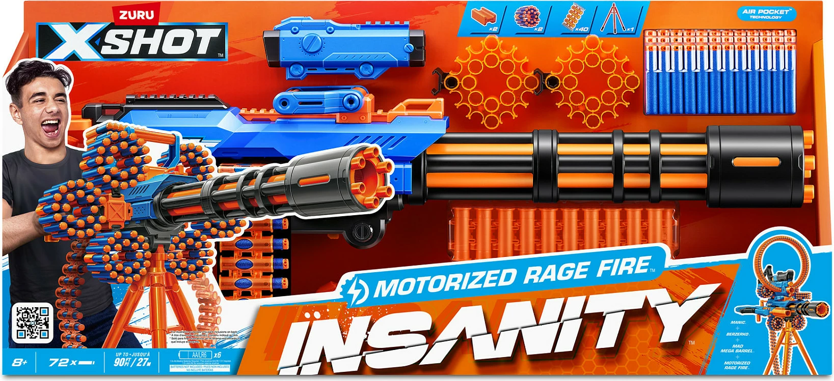Blaster lodër ZURU XSHOT Insanity Motorized Rage Fire, 72 darts, me tripod, blu/portokalli