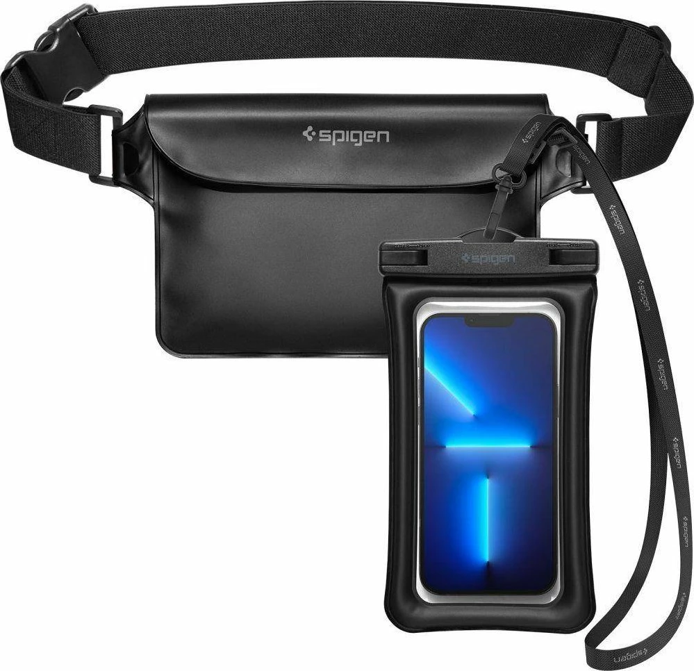 Set mbrojtës i papërshkueshëm nga uji Spigen A621 universal për celular + çantë beli, IPX8 30m, Zi