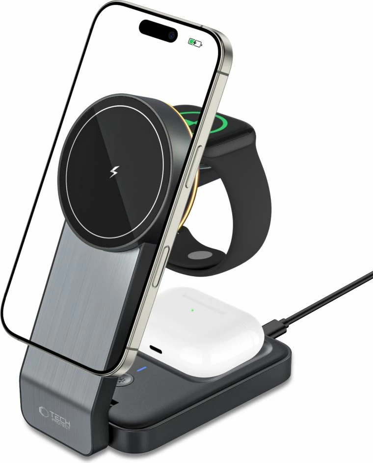 Karikues induktiv 3-në-1 Tech-Protect QI15W-A28 me MagSafe, për smartphone, Apple Watch dhe AirPods, i zi