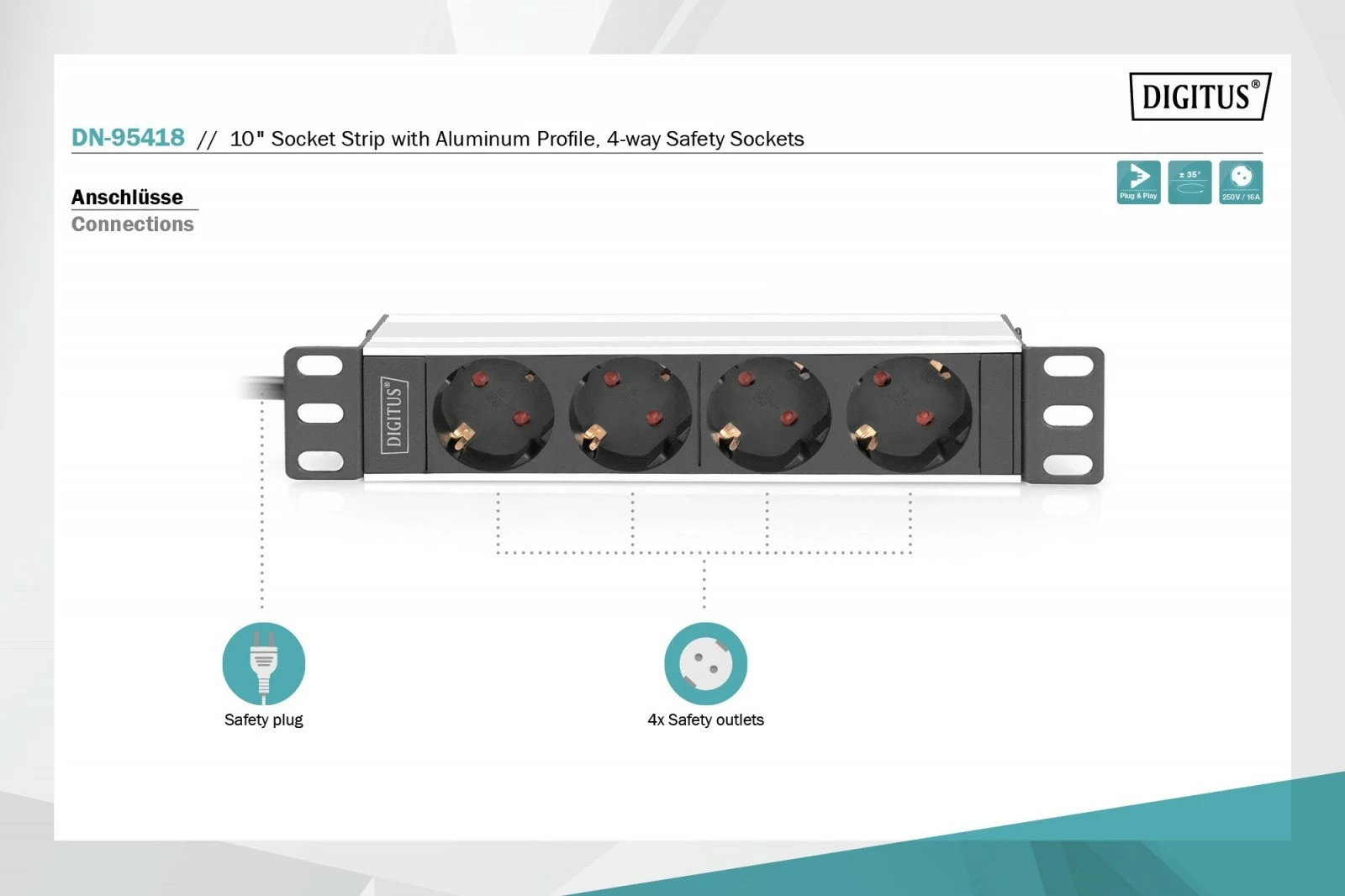 Prizë rack Digitus DN-95418, 4xSchuko, 10", 2m, Alumini, Zezë/Argjendtë