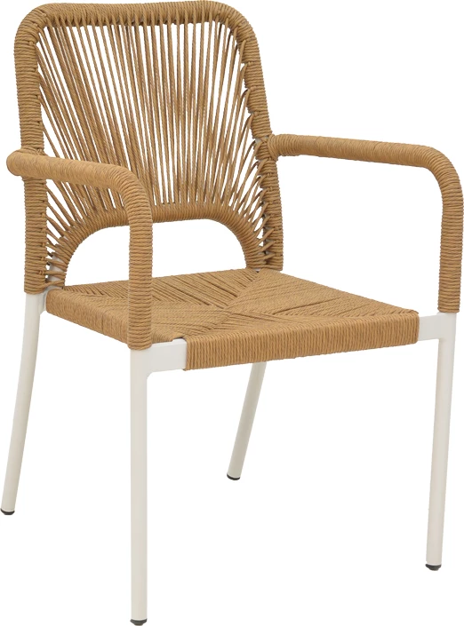 Karrige alumini e grumbullueshme, kornizë e bardhë, ratani natyral, 57x61x85 cm