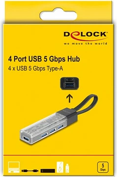 USB hub DeLOCK 64335, 4x USB-A 3.2 Gen 1, lidhje USB-A/USB-C, 5 Gbit/s, i zi/transparent